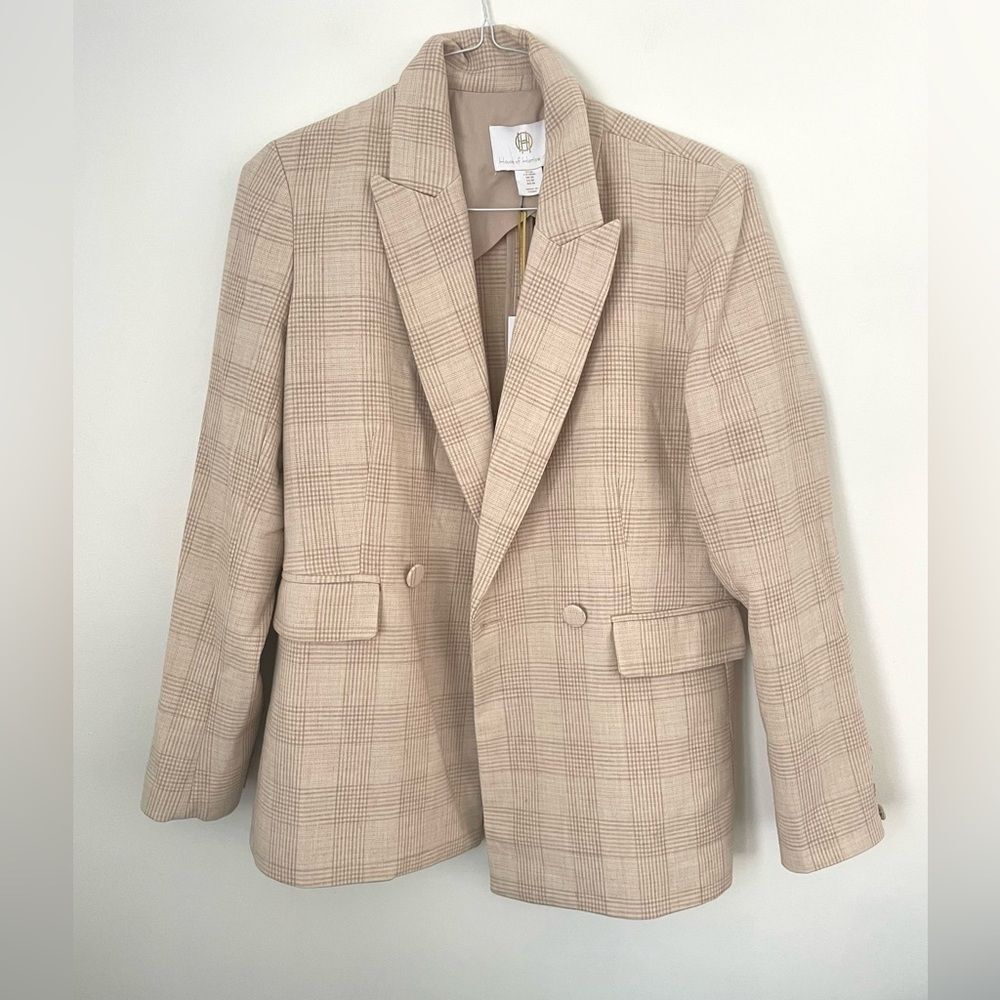 House of Harlow Women’s Plaid tan cream double breasted blazer size medium NEW